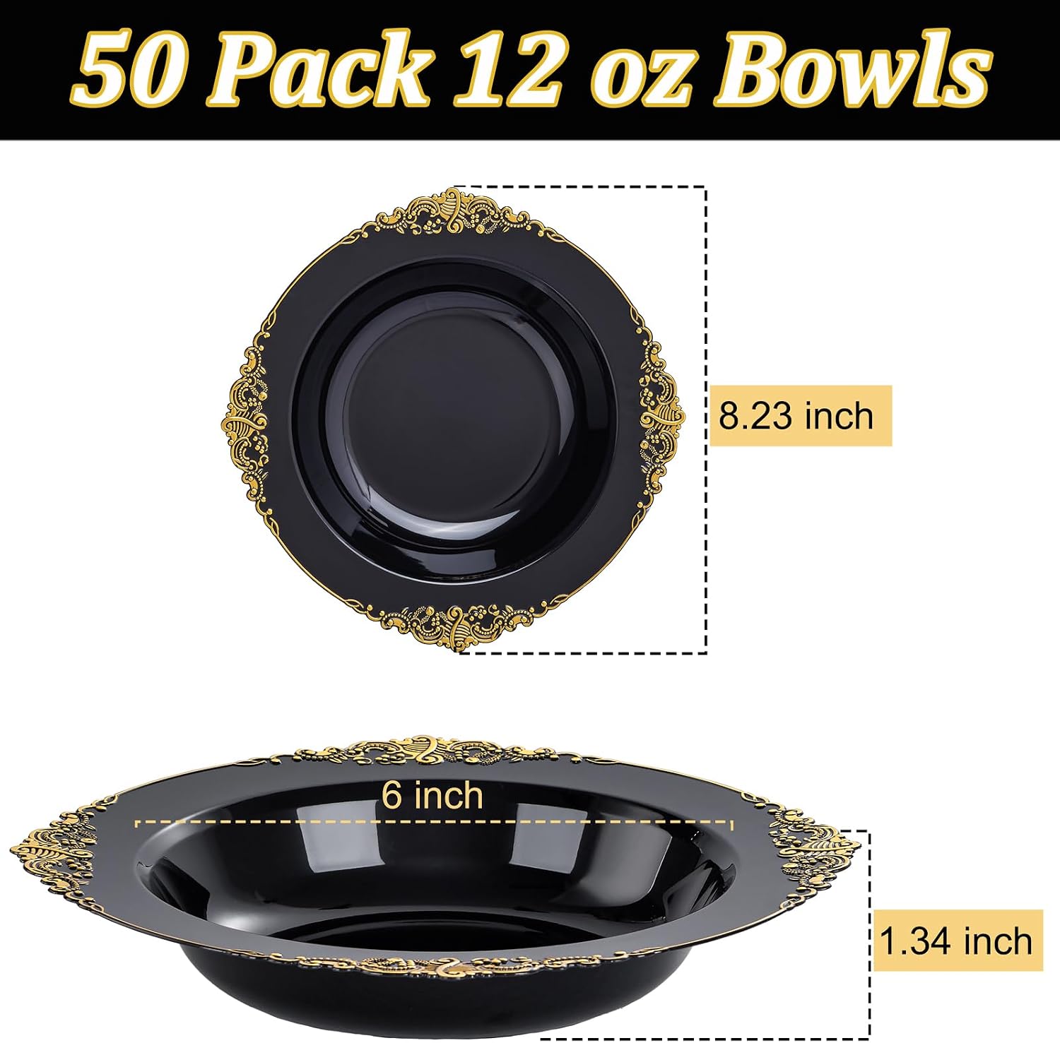 Nervure 175PCS Black Plastic Plates - Black Gold Plates & Pre Rolled Napkins with Cutlery 50PCS Black Plastic Bowls with Gold Rim - 12oz Disposable Soup Bowls