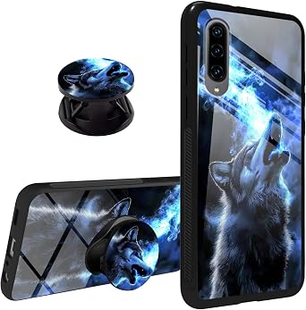 Case for Samsung Galaxy A90 5G Phone Grip with Expanding Stand Holder Kickstand, Soft TPU Bumper Shockproof Anti-Scratch Hard Back Cover for Samsung Galaxy A90 5G, Blue Wolf