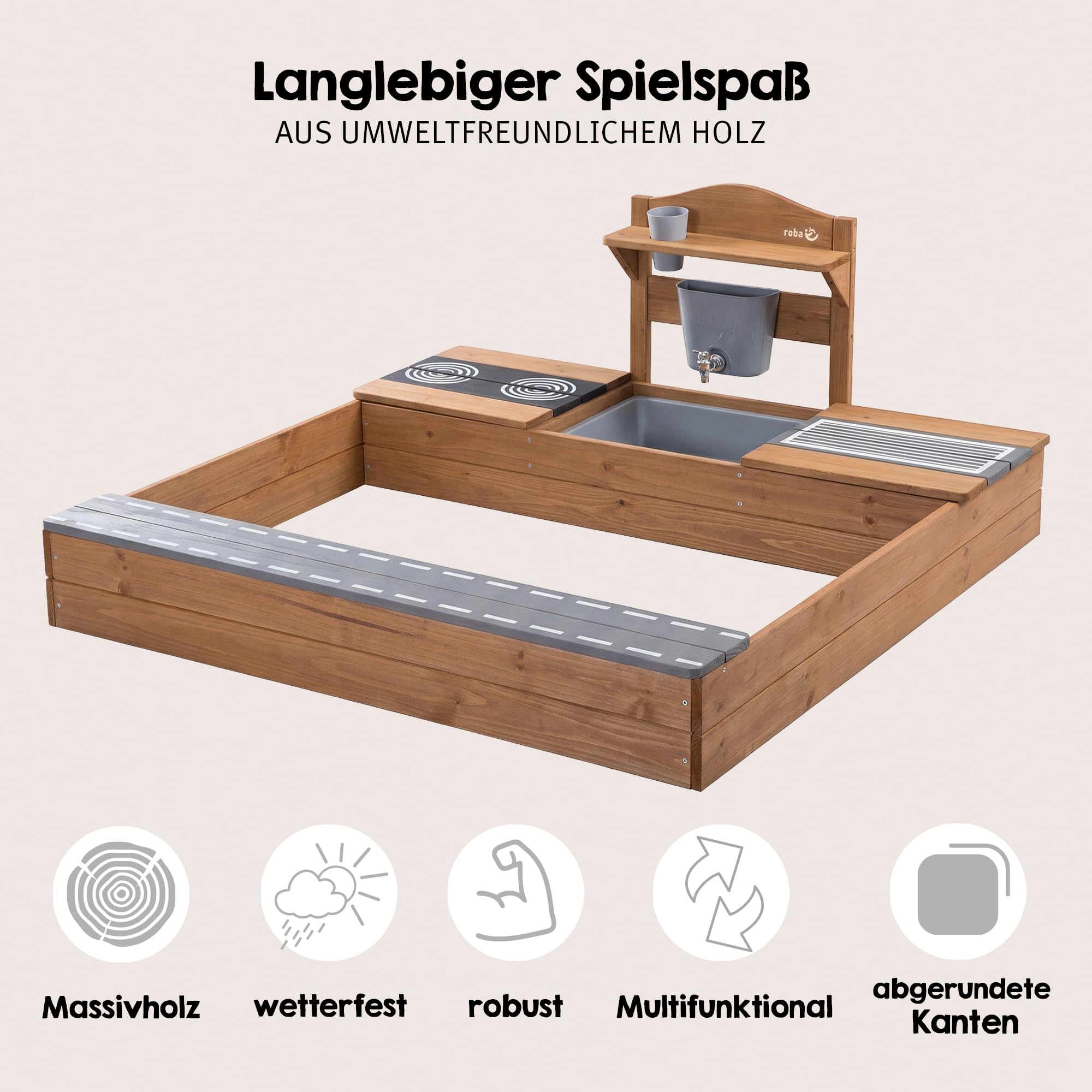 roba Sandkasten aus Holz mit Integrierter Matschküche - FSC®-Zertifiziertes Massivholz - Sandkiste für Kinder ab 12 Monaten - Teakfarben Lasiert