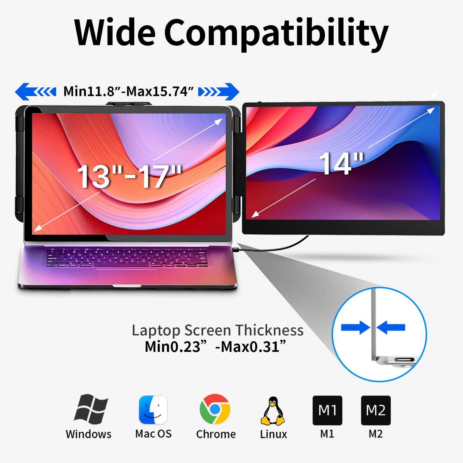 Przedłużacz ekranu laptopa, 35.6 cm FHD IPS przenośny monitor podróżny, drugi ekran do laptopów 33 cm - 43.2 cm, idealny do podróży / pracy zdalnej, kompatybilny z Windows/Mac/Android/Chrome