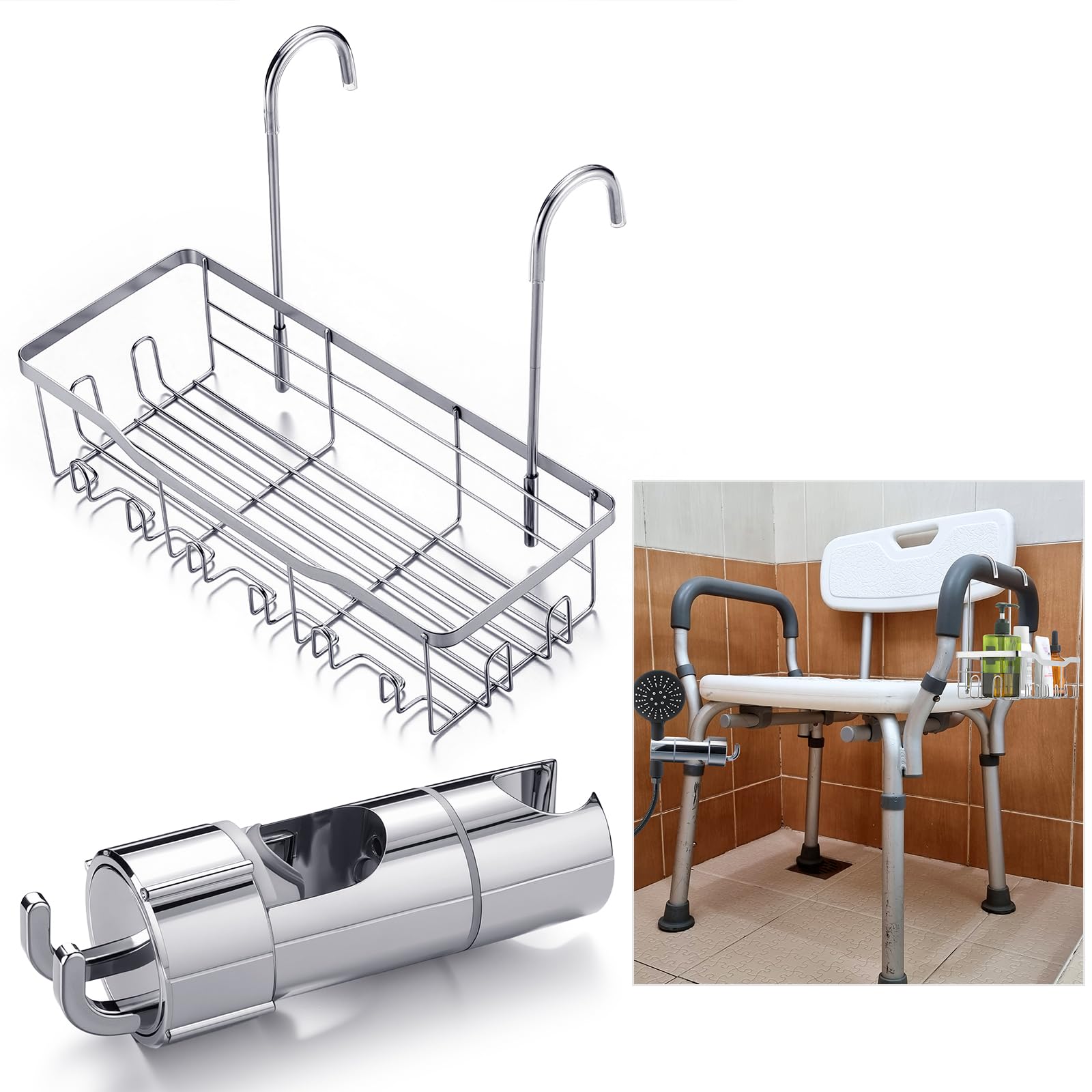 Zonon 2 Pcs Handheld Shower Aids for Shower Chair Hanging Chair Caddy Bathroom Basket and Head Holder Attachment