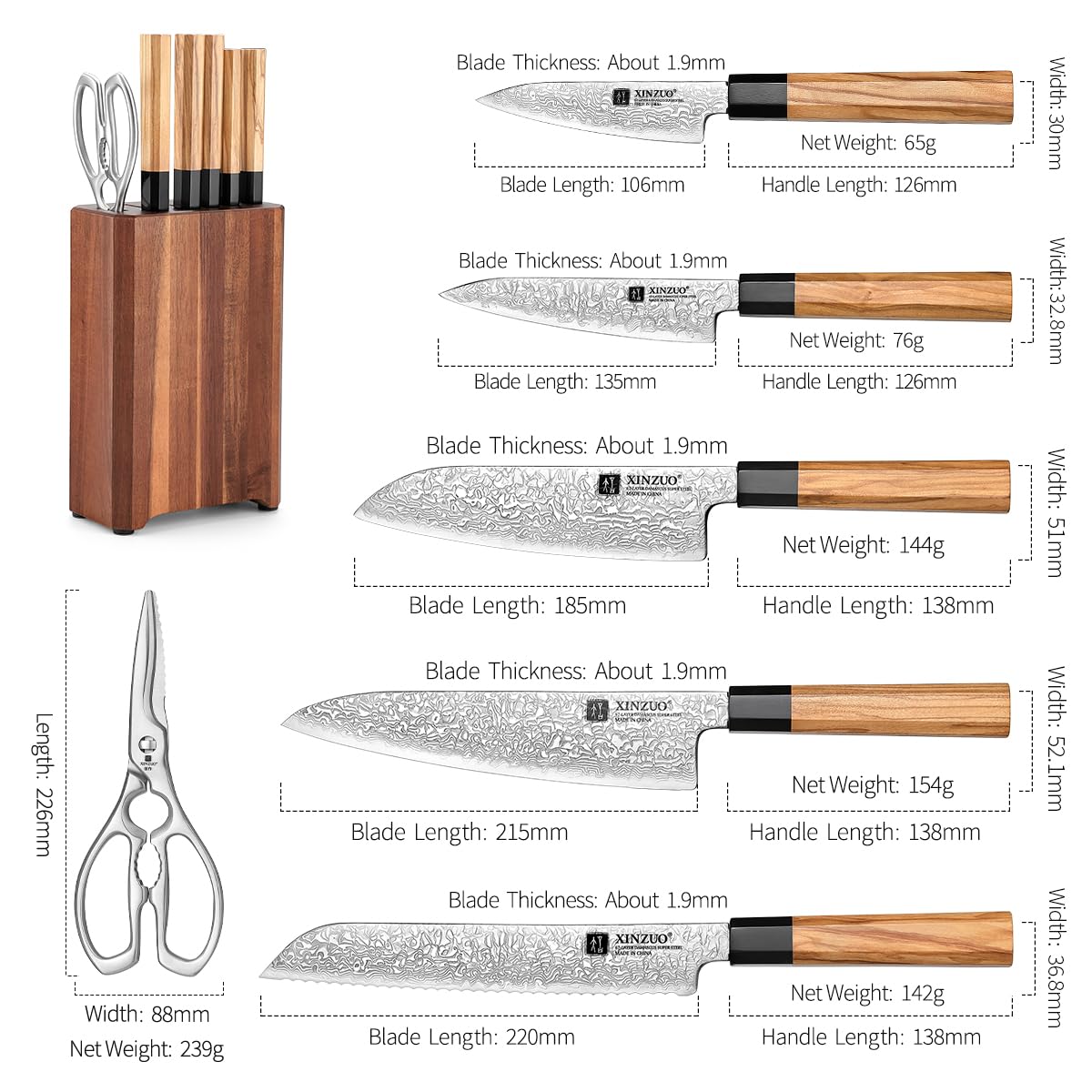 XINZUO 67 Schichten Damaststahl 7-Teilig Messerblock Sets, Profi Küche Kochmesser Set-Handgefertigter achteckiger Griff aus Olivenholz -mit Akazienholz Messerblock und Multifunktions Küchenschere