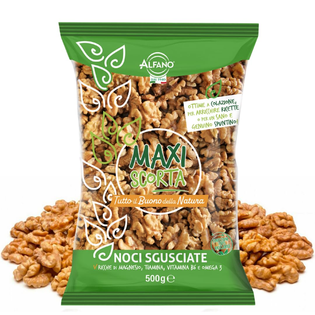 Alfano dal 1940 Noci Sgusciate Maxi Scorta 500g Ricche di Magnesio, Tiamina, Vitamina B6 e Omega 3 Snack Ideale per una Dieta Equilibrata e Vegana (4 Pezzi)
