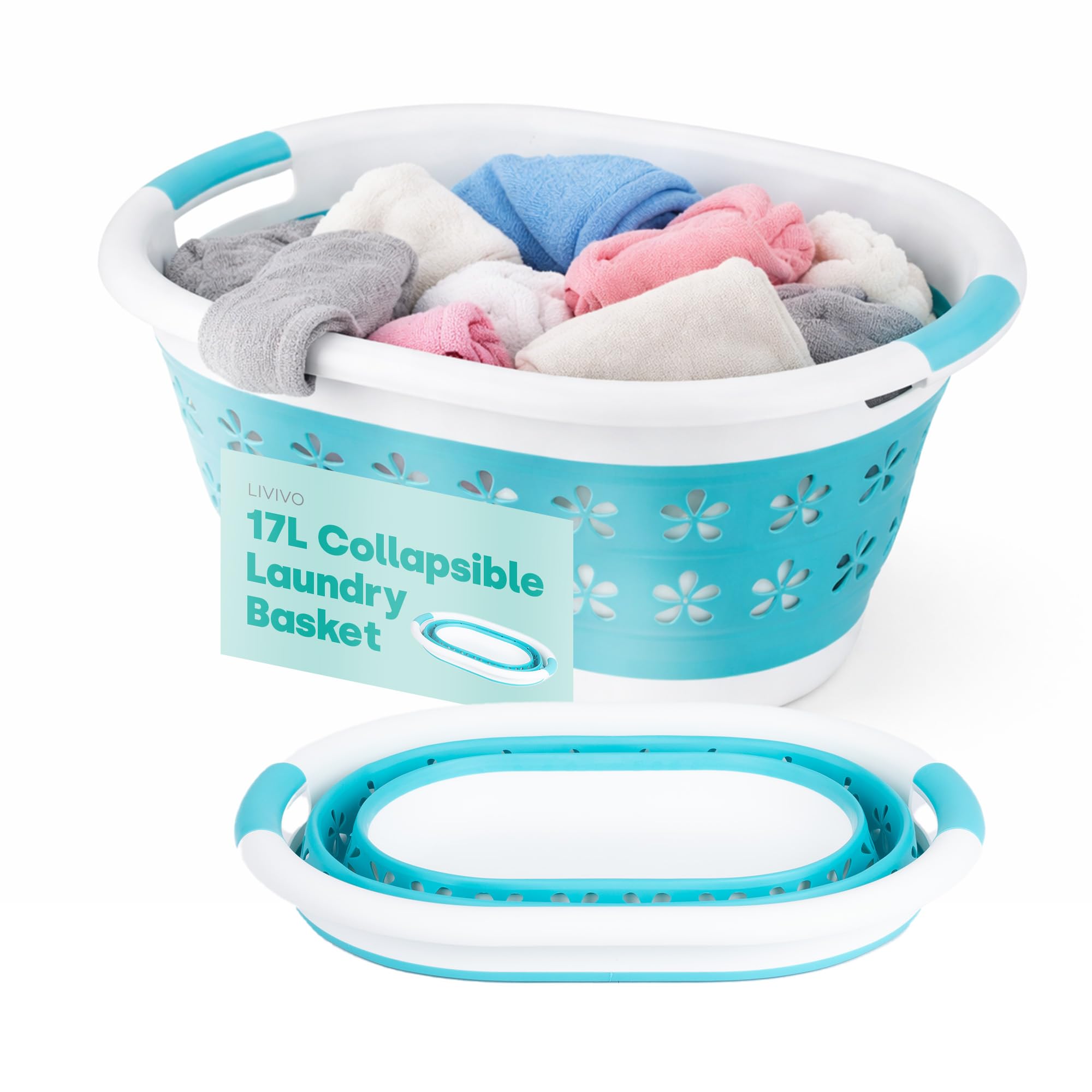 LIVIVO Collapsible Laundry Basket 17L - Foldable Laundry Basket with Handles, Space-Saving Pop Up Washing Basket - Multipurpose Laundry Hamper for Home, Dorms & Utility Rooms (Turquoise)