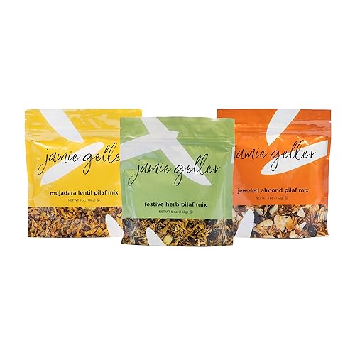 Jamie Geller Trio of Pilaf Mixes - Lenteja Mujadara, hierba festiva y almendra joyada Total de 6 bolsas Bolsa de 5 onzas (5.01 oz), 2 paquetes de