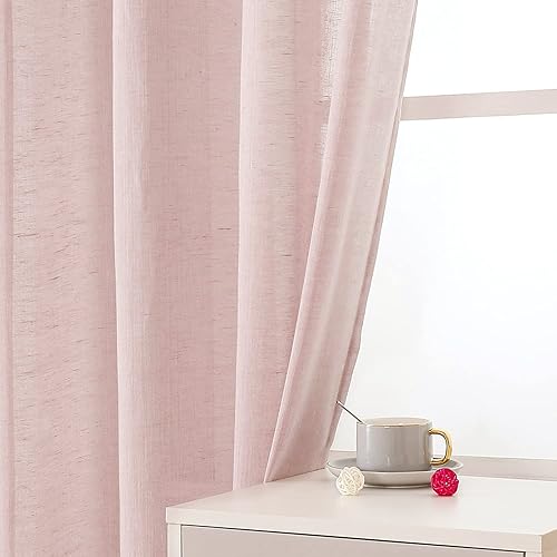 Miniatura 5 de SELETEX - Cortinas traslúcidas de lino natural color rosa rubor para sala de estar, elegantes cortinas lisas para ventana que filtran la luz,