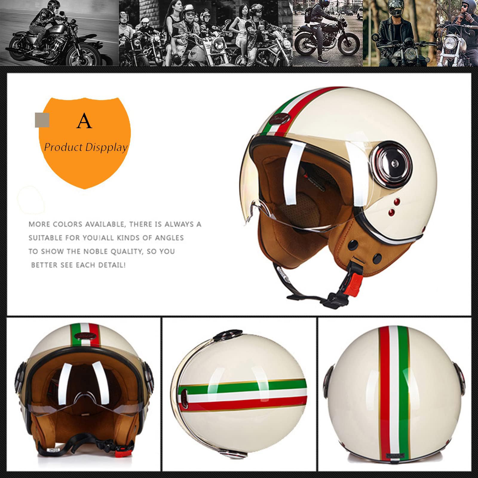 Casque Moto Vintage Demi-Jet Rétro Avec Lunettes - ECE/DOT Homologué - Style Harley Chopper Pour Homme Femme - Taille L (57-58 Cm)