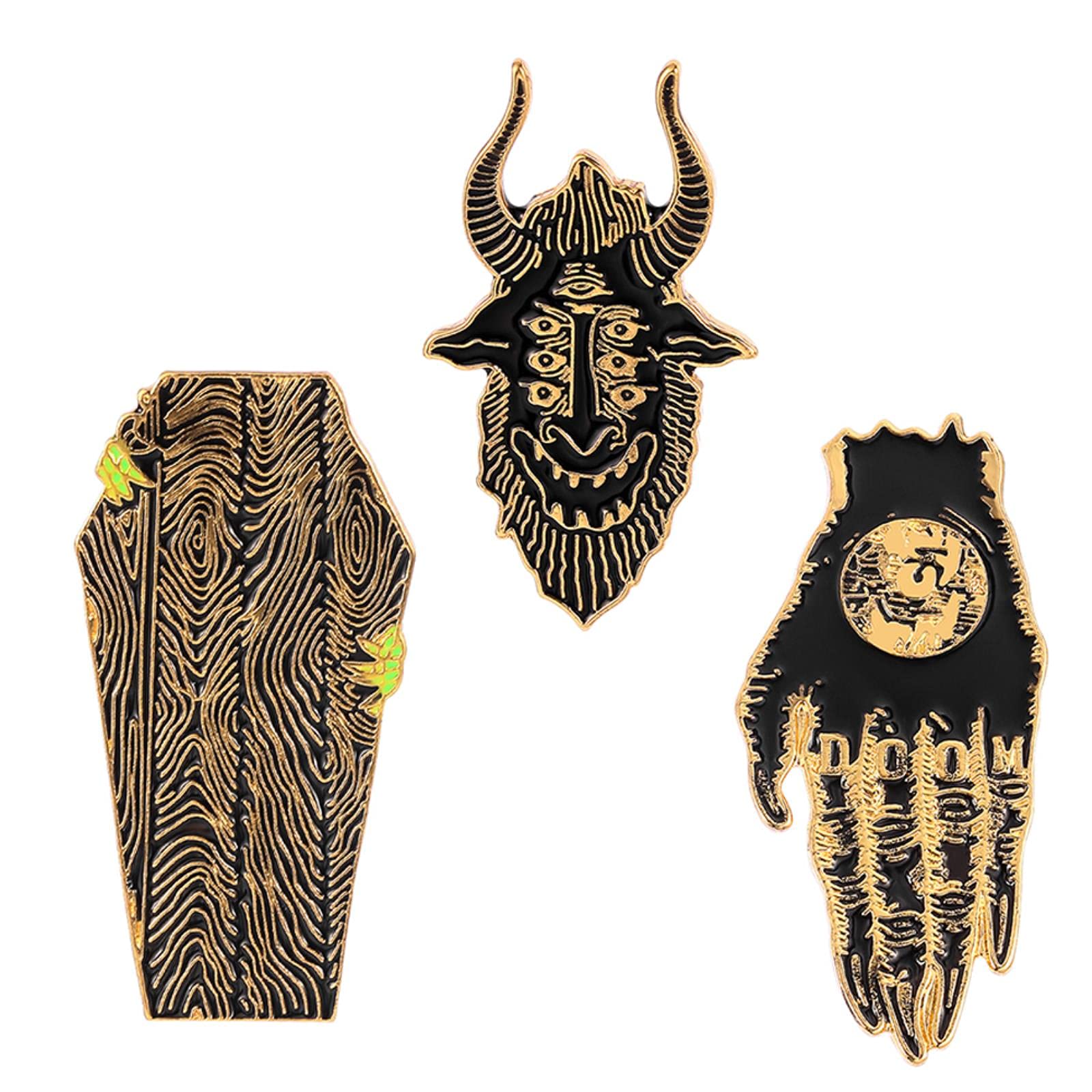 HCMA 3 pc Punk Badges Hands of Doom Brooches Satan Sees All Coffin Creep Hard Enamel Pin Gothic Pins Badges Punk Style Jewelry Party Accessories