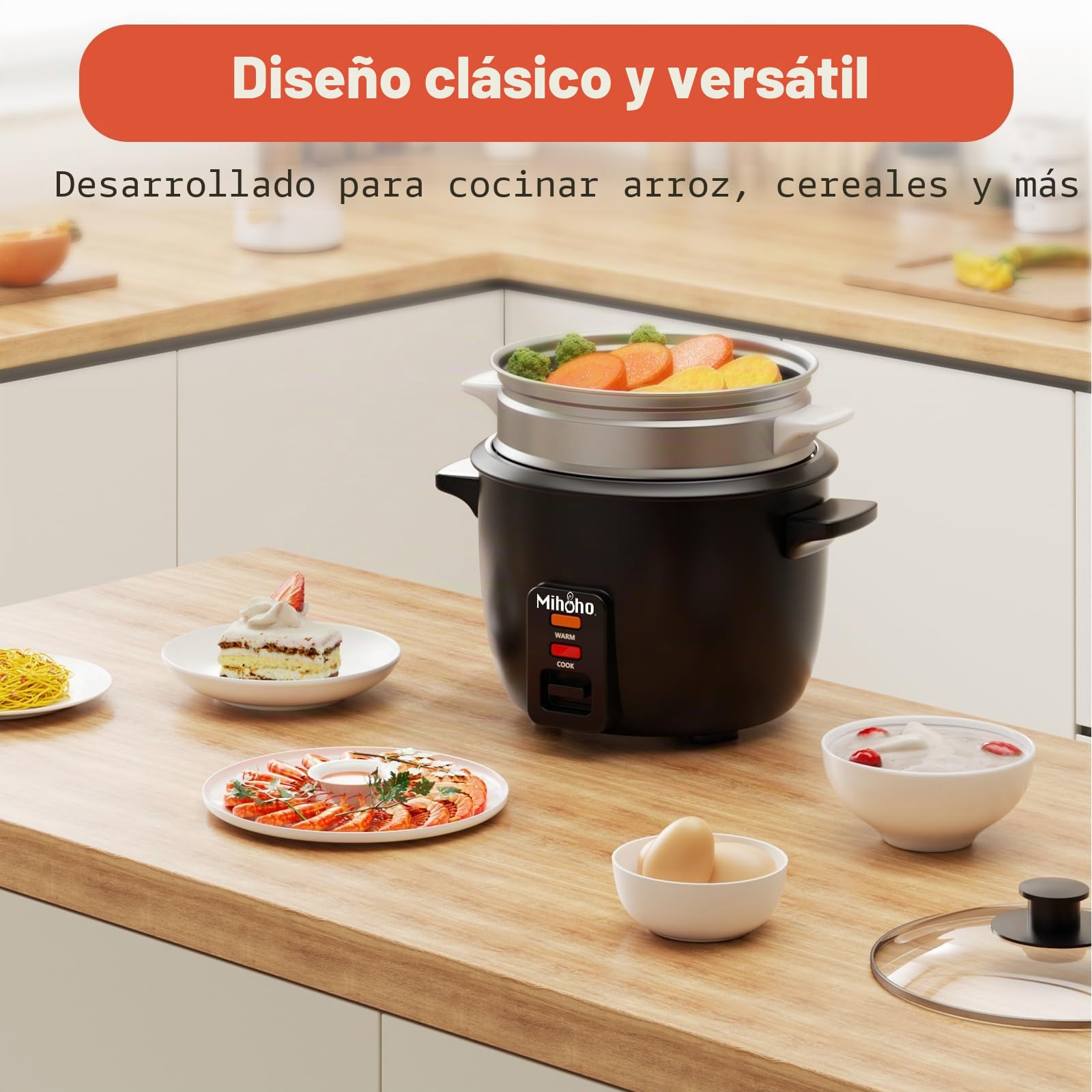 Arrocera Mihoho, 2 litros con vaporera, antiadherente, prepara sopas, guisos, cereales, mantenimiento en caliente (negro F)
