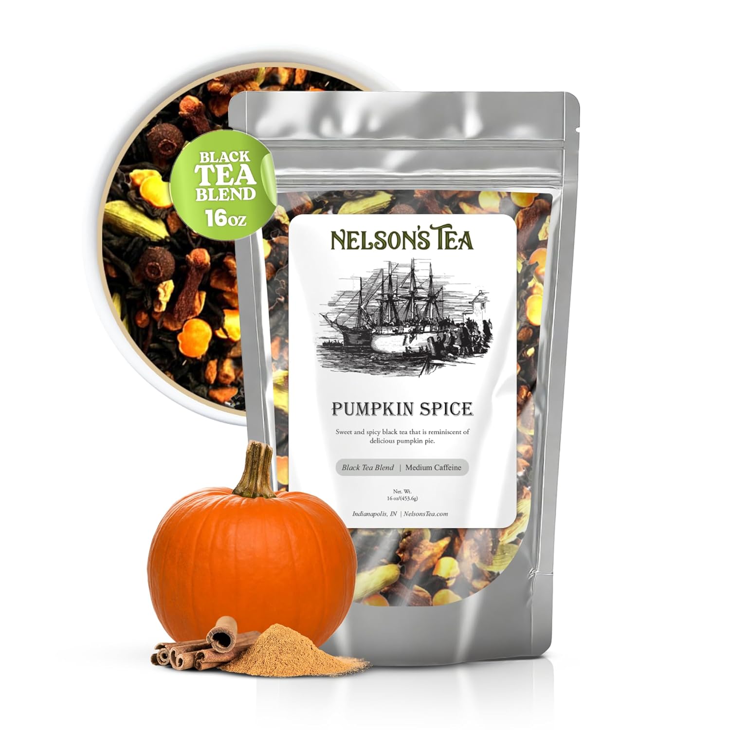 Nelson's Tea Pumpkin Spice Loose Leaf Tea - Cut & Sifted Black Tea Loose Leaf with Cinnamon, Cloves, Ginger, Cardamom, Orange Peel, and Peppercorns (16 oz)