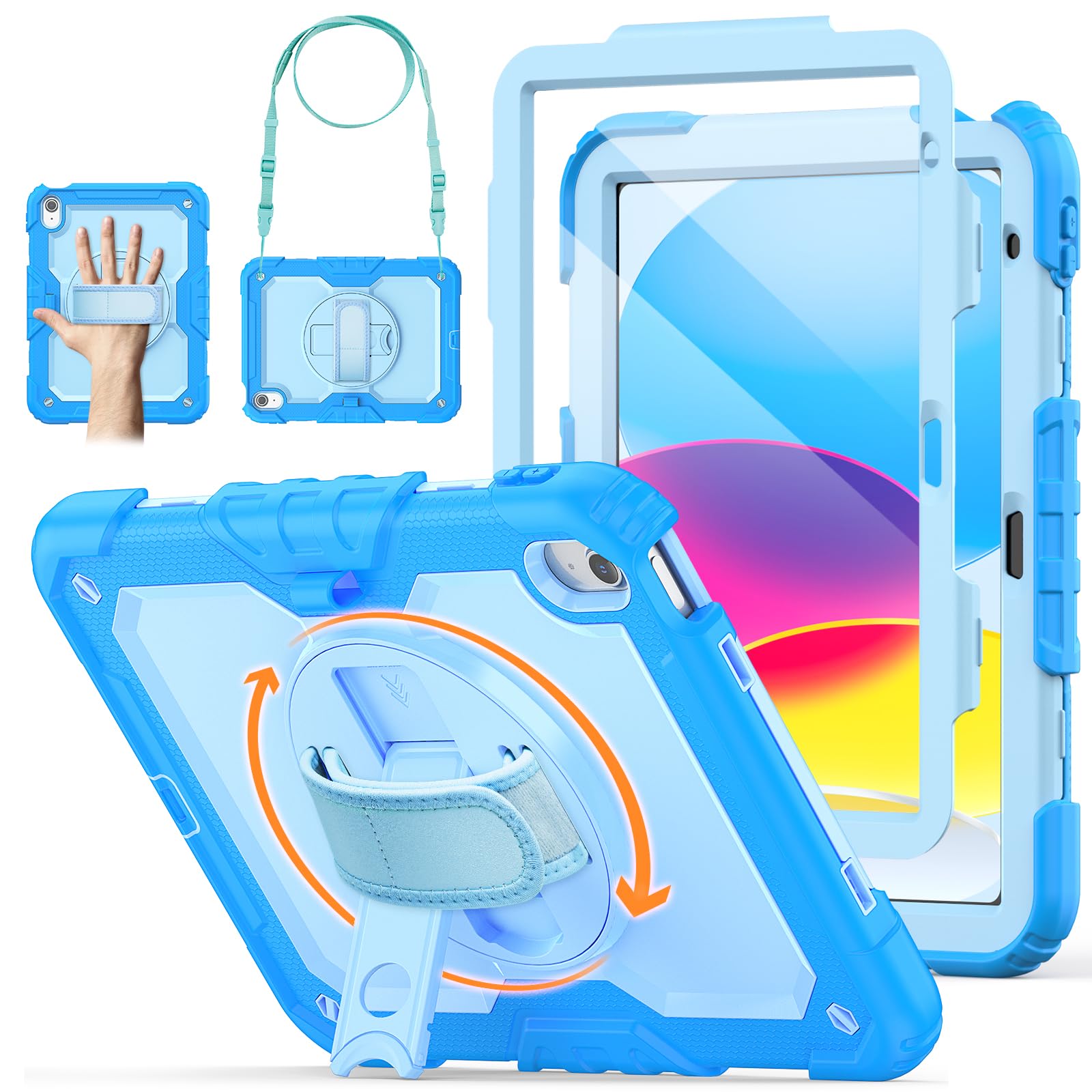 Kids Case for iPad (A16) 11th/10th Generation 11''/10.9'' 2025/2022: Shockproof Protective Case with Hand/Shoulder Strap, Pencil Holder, Rotate Stand, Screen Protector