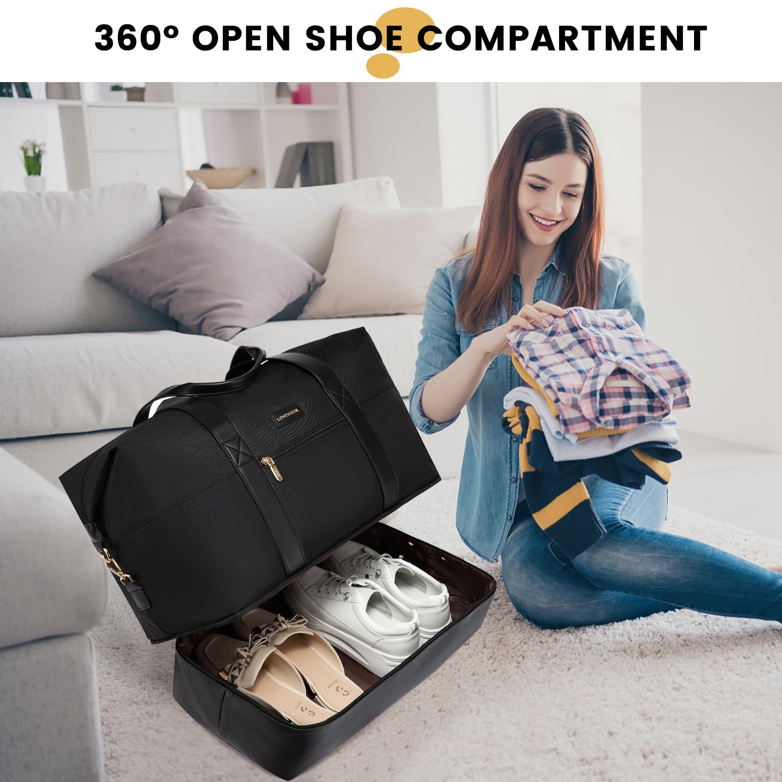 LOVEVOOK Borsone Da Viaggio Donna, Grande Borsa Da Viaggio, 56L Borsone Nascita Ospedale, Bagaglio a Mano 50x38x25, Borsone Palestra Duffel Bag Borsa Piscina, Nero