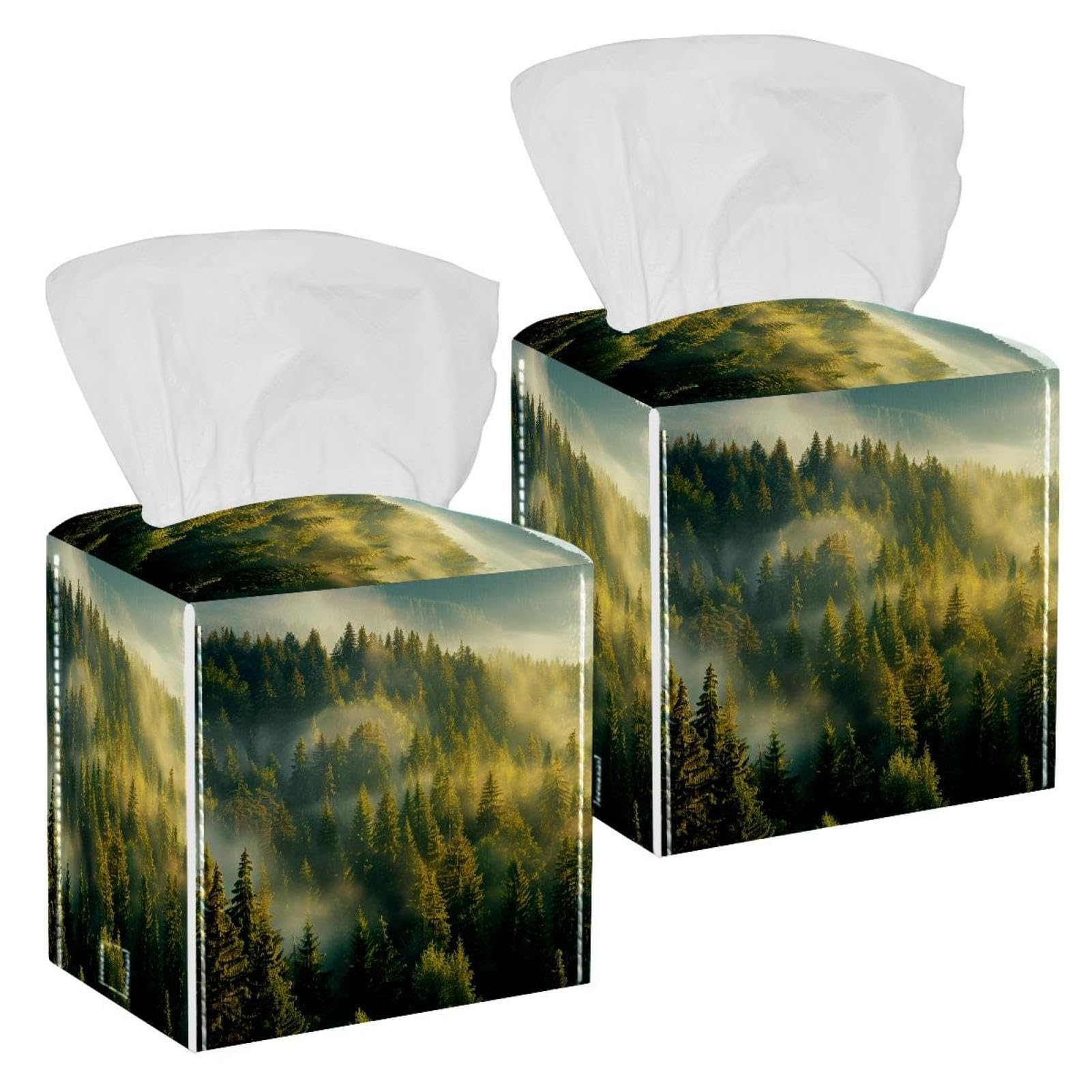 Pine Forest Tissue Box Cover, 2 Pack PU Leather Square Facial Tissue Dispenser Box holder for Home Office Car