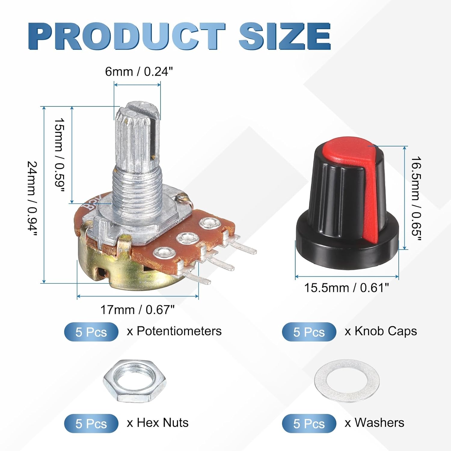 MECCANIXITY WH148 2K Ohm Potentiometer Kit Linear Taper Adjustable Rotary Potentiometer with Knobs and Washers for Audio Applications Devices, Red, 5 Set