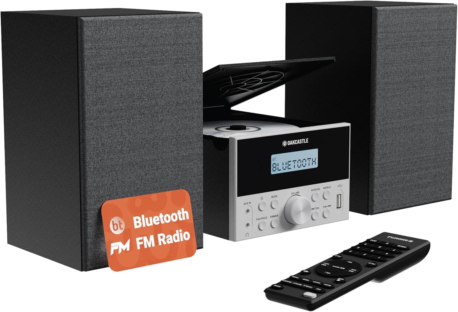 OAKCASTLE HIFI150 - Sistema de música Bluetooth 5.2 con altavoces DSP, sistema HiFi de 20 W, reproductor de CD HiFi con radio FM, instalaciones compactas de madera maciza, USB, AUX, MP3, CD, CD-R,