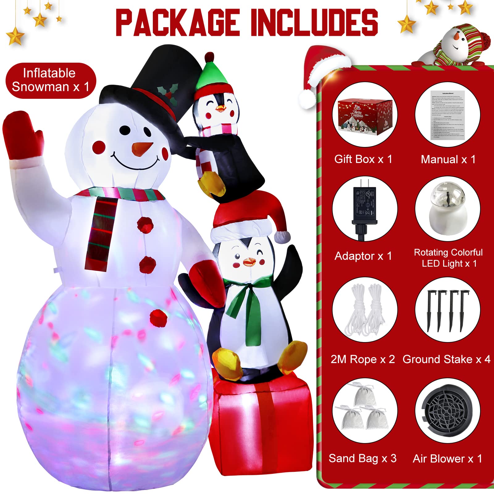 OurWarm Decorazione all'aperto gonfiabile del pupazzo di neve di Natale di 6FT con 2 pinguini