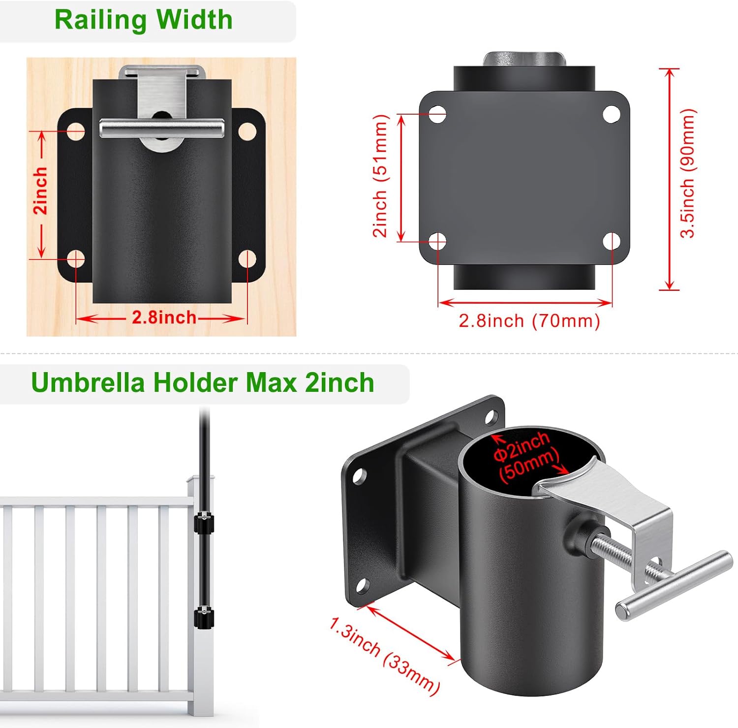 Heavy Duty Deck Railing Umbrella Holder, Patio Umbrella Stand for 1-2 Inch Poles, Space-Saving Design, Secure & Sturdy Post Flat Mount for Deck Railing, Balcony, Outdoor Courtyard, Fences