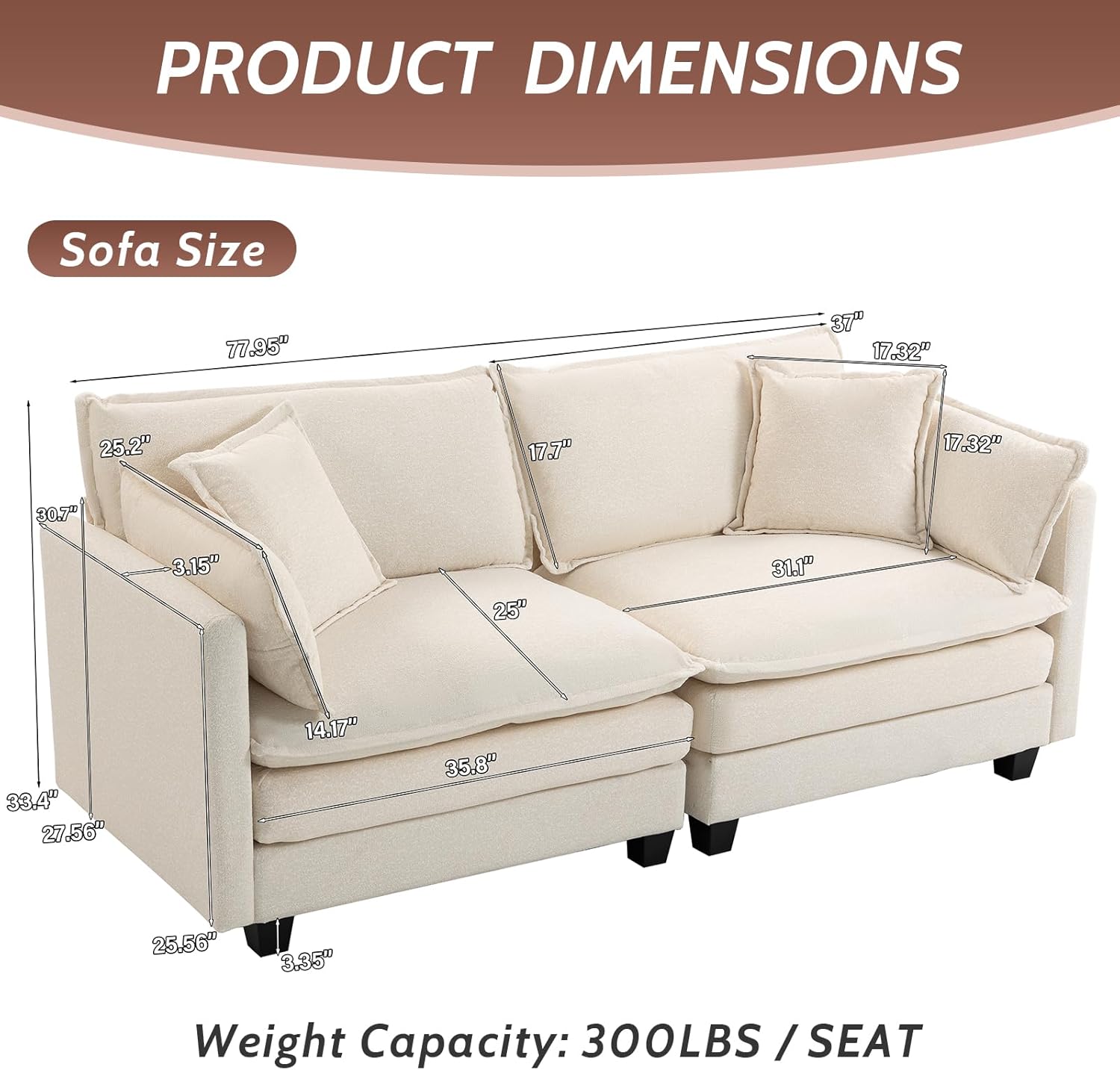 78" Chenille Modular Loveseat, Deep Seat Cloud Couch with 4 Pillows, Solid Wood Frame Upholstered 2 Seater Sofa for Small Space, Apartment & Bedroom, Easy Assembly,Beige