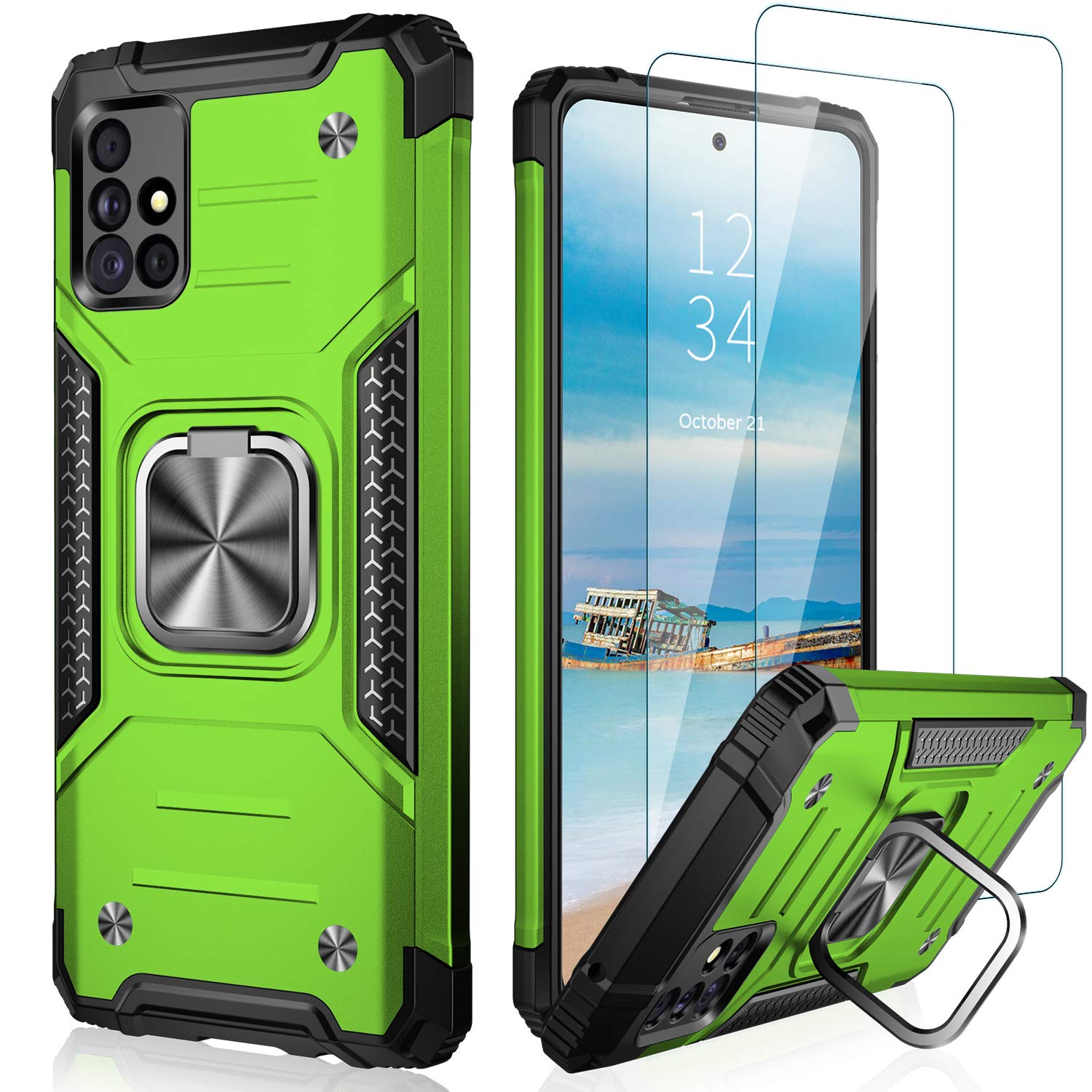 IKAZZ for Galaxy A51 5G Case with Screen Protector,Dual Layer Soft Flexible TPU and Hard PC Cover Anti-Slip Full-Body Rugged Protective Phone Case with Kickstand for Samsung Galaxy A51 5G Green