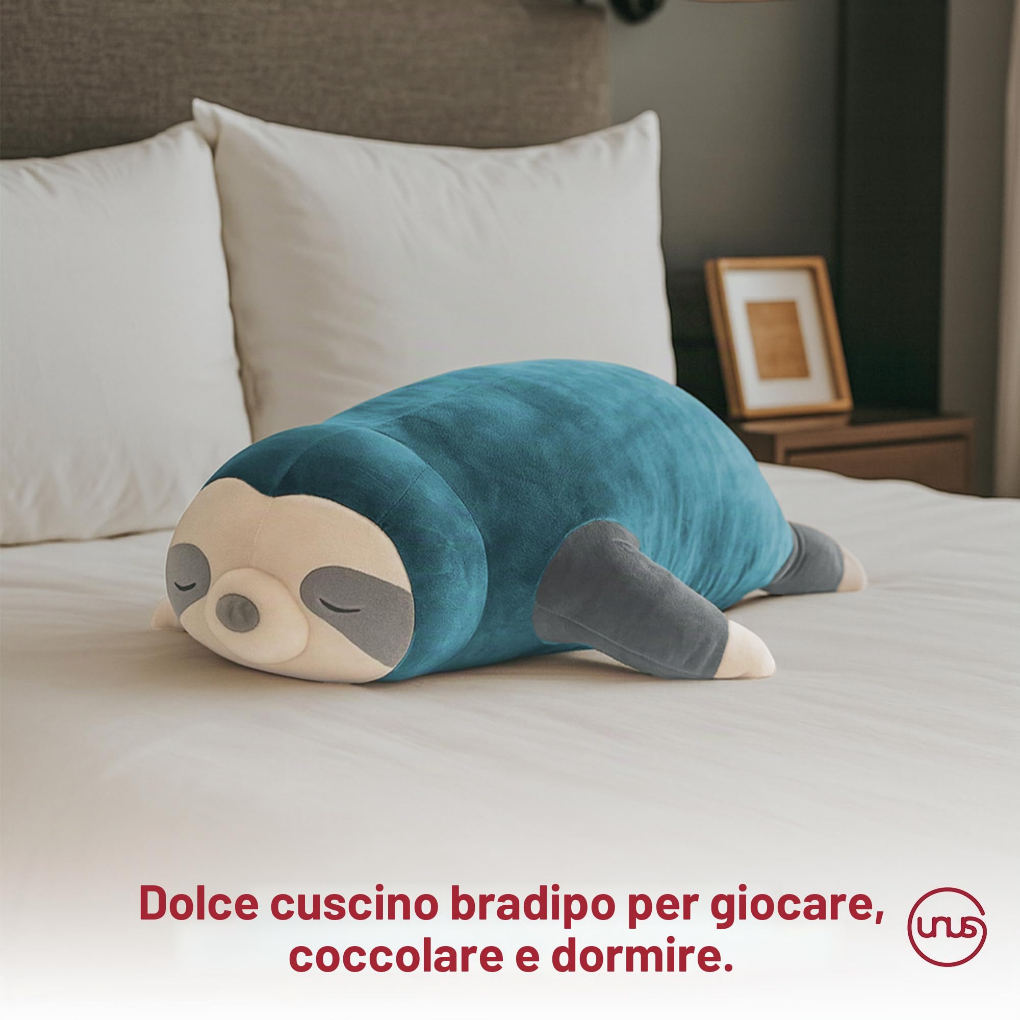 UNUS - Cuscino per dormire sul fianco, a forma di bradipo, cuscino per allattamento, cuscino per bambini, adatto come decorazione, estremamente morbido, 100 cm, turchese