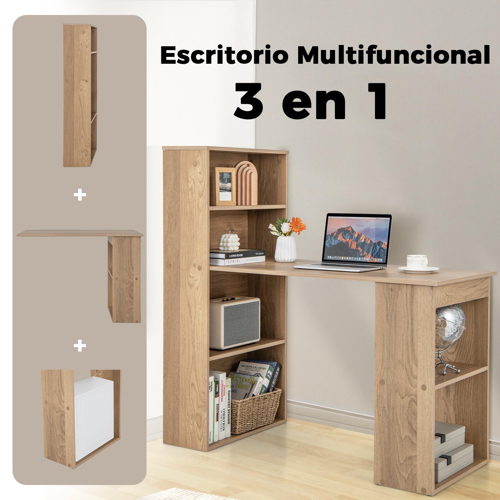 COSTWAY Escritorio con Estanteria, Mesa Escritorio 120 cm, 6 Estantes de Almacenamiento, Mesa Ordenador Reversible Oficina/Dormitorio (Natural)