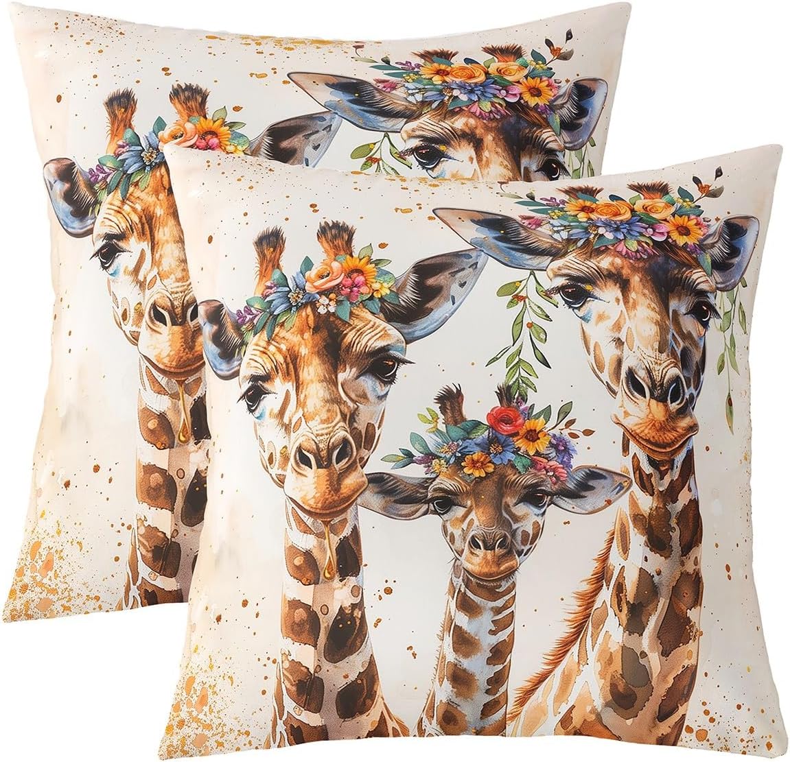 Feelyou Giraffe Family Pillow Covers for Home Sofa Bed Couch Animal Throw Pillow Covers for Kids Boys Girls Cartoon Giraffe Cushion Covers Spring Floral Pillowcases, 22x22 Inches Set of 2