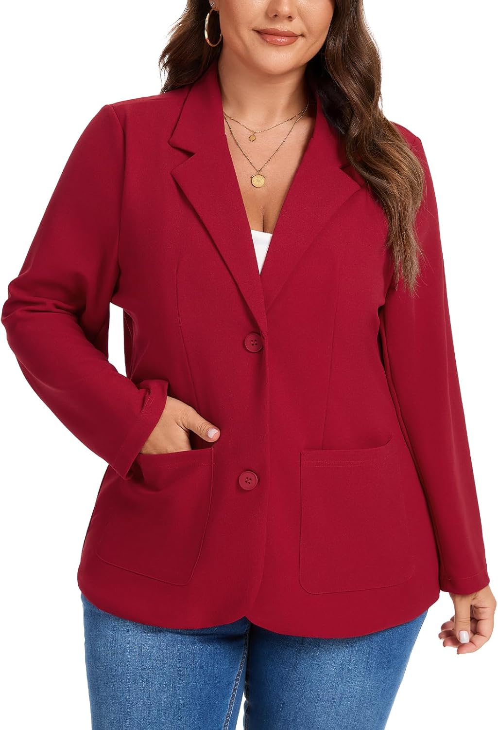 MINTLIMIT Women's Suits & Blazers Plus Size Long Sleeve Two Button Suit Jacket Solid Stretchy Blazer with Pockets,Red,2XL - Image 4