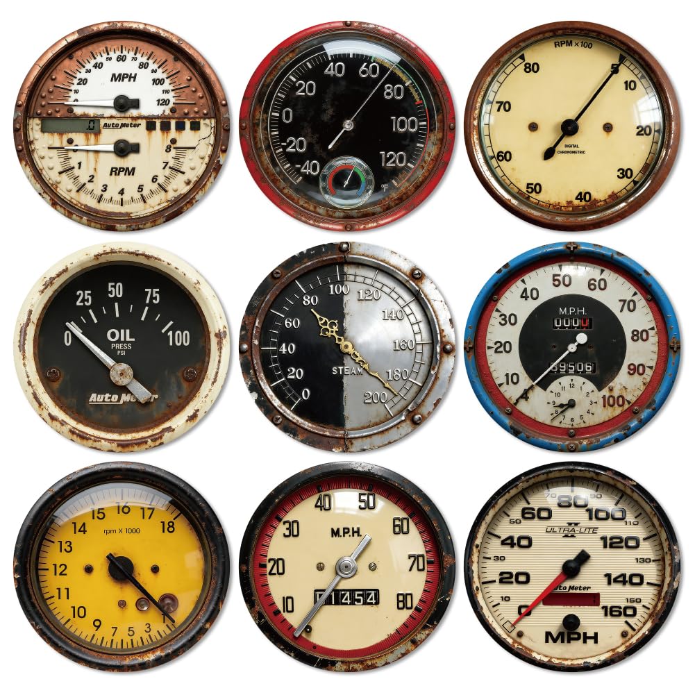 ANATTASOUL Coasters Set of 9 Retro Dashboard Pattern Colorful Wooden Coasters Bulk Round Housewarming Gift for New Home, 3.9" Decorative Coffee Table Protection for Farmhouse Bar House Decor