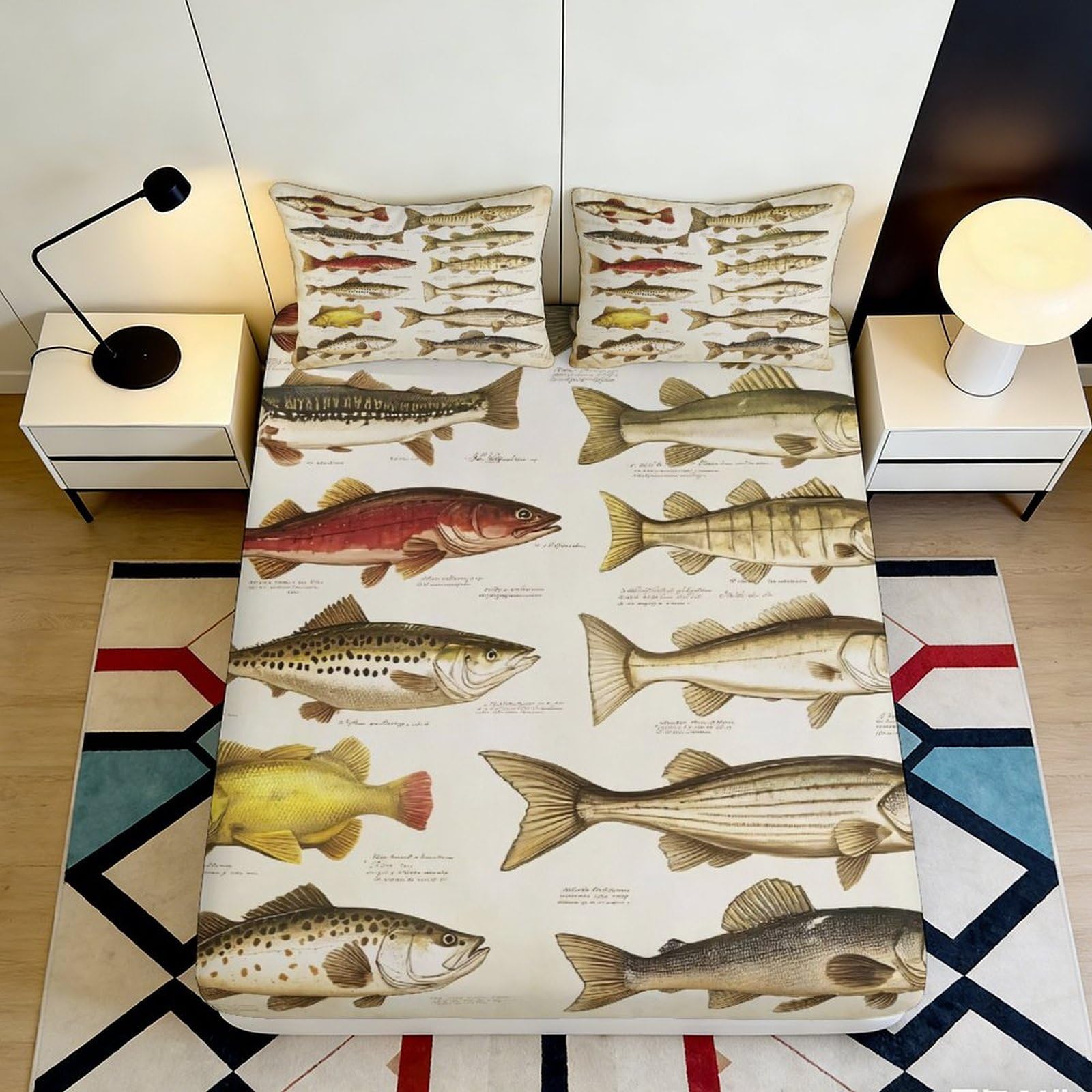3D Printed Fish Species Fitted Sheet Microfiber Soft Durable Aquatic Illustration Bed Cover for Bedroom Dorm Decor Mattress Protection 90x200x25cm