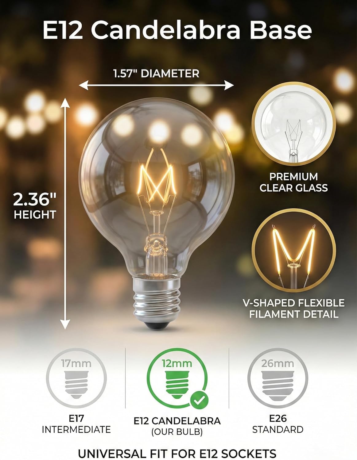 G40 Replacement Bulbs, 15 Pack Incandescent Light Bulbs for Outdoor String Lights, 5 Watt E12 Bulb Candelabra Base, Clear Globe Light Bulbs for Patio Cafe Garden Decor, Warm White 120V 5W