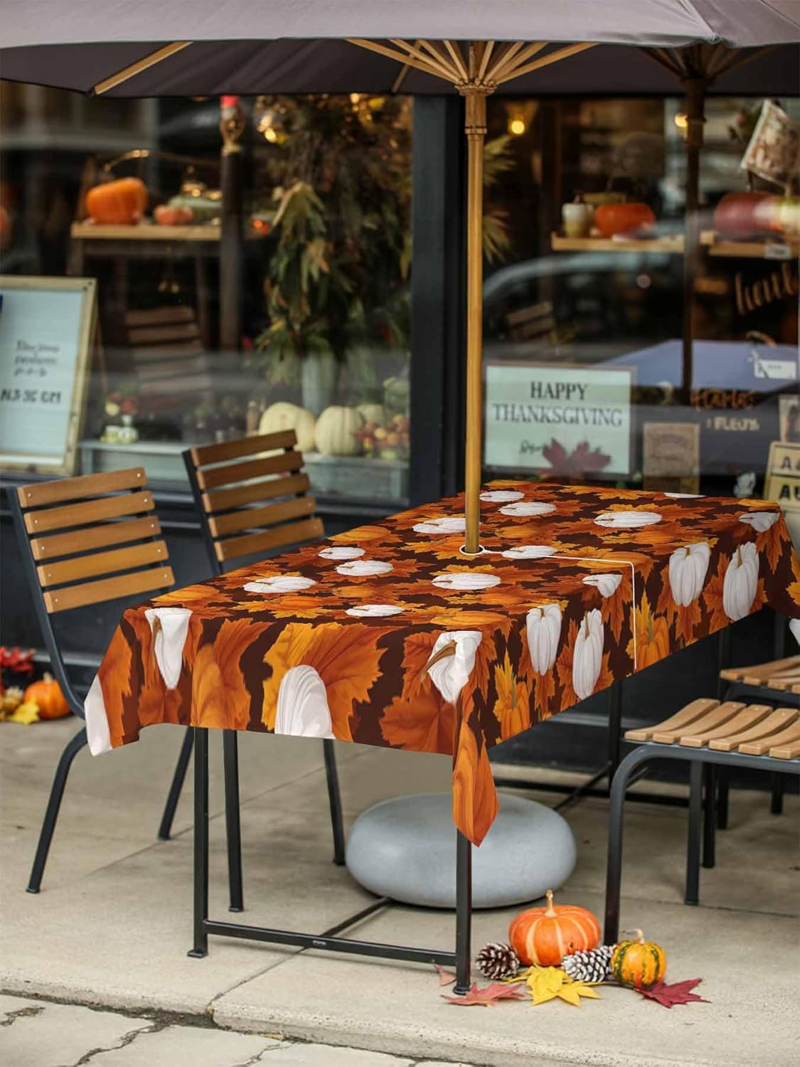 White Orange Fall Outdoor Tablecloths with Umbrella Hole and Zipper, Pumpkins Thanksgiving Maple Leaves Waterproof/Stain Resistant Rectangle Table Cloth 54x80 Patio Table Cover for Picnic/Party