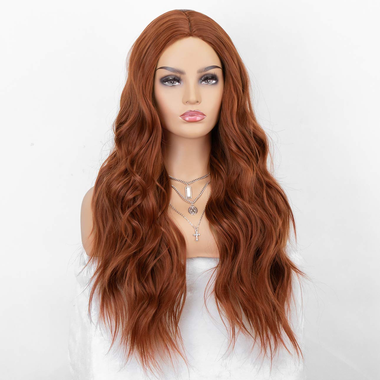 K'ryssma #350 Copper Red Wig with Middle Parting Long Wavy Wig 22 Inch Glueless Wavy Long Synthetic Wigs for Women Heat Resistant