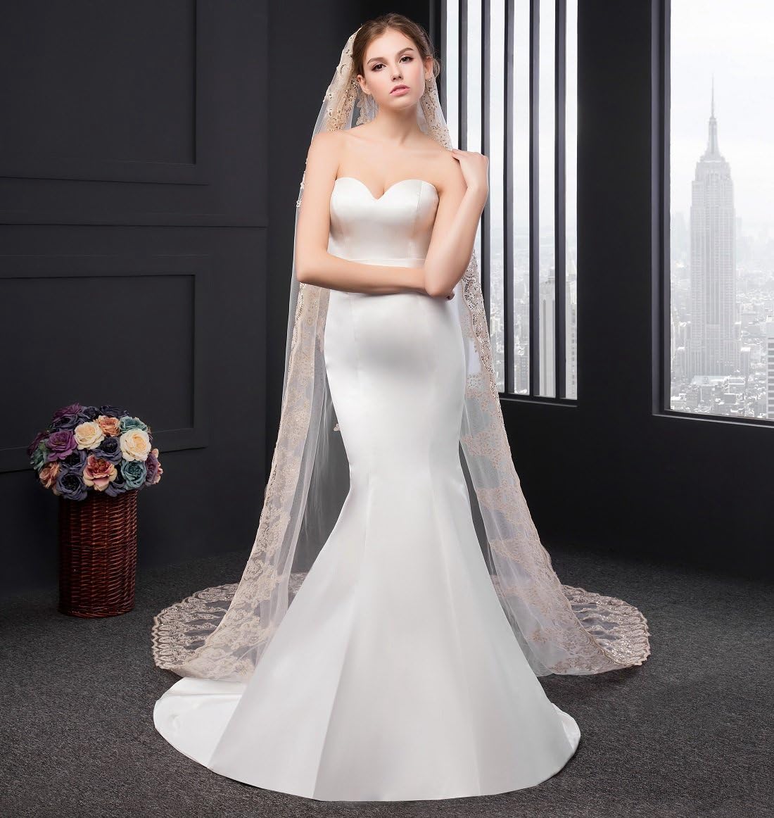 Cibelle 1T Floral Appliques Lace Sequin Wedding Veils 3 Merters Long Birlda Veil with Comb