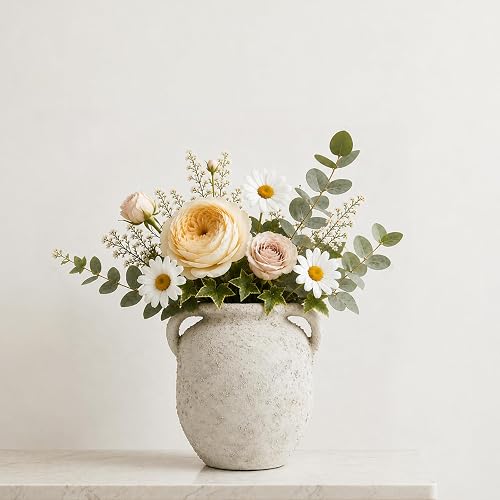 DOWAN Rustic Farmhouse Ceramic Vase, Cream White Wide Mouth Flower Vase with Double Handles, 5.9" Matte Sandstone Texture Vase for Fresh, Dried & Faux Flowers, Table Centerpiece Decor for Living Room