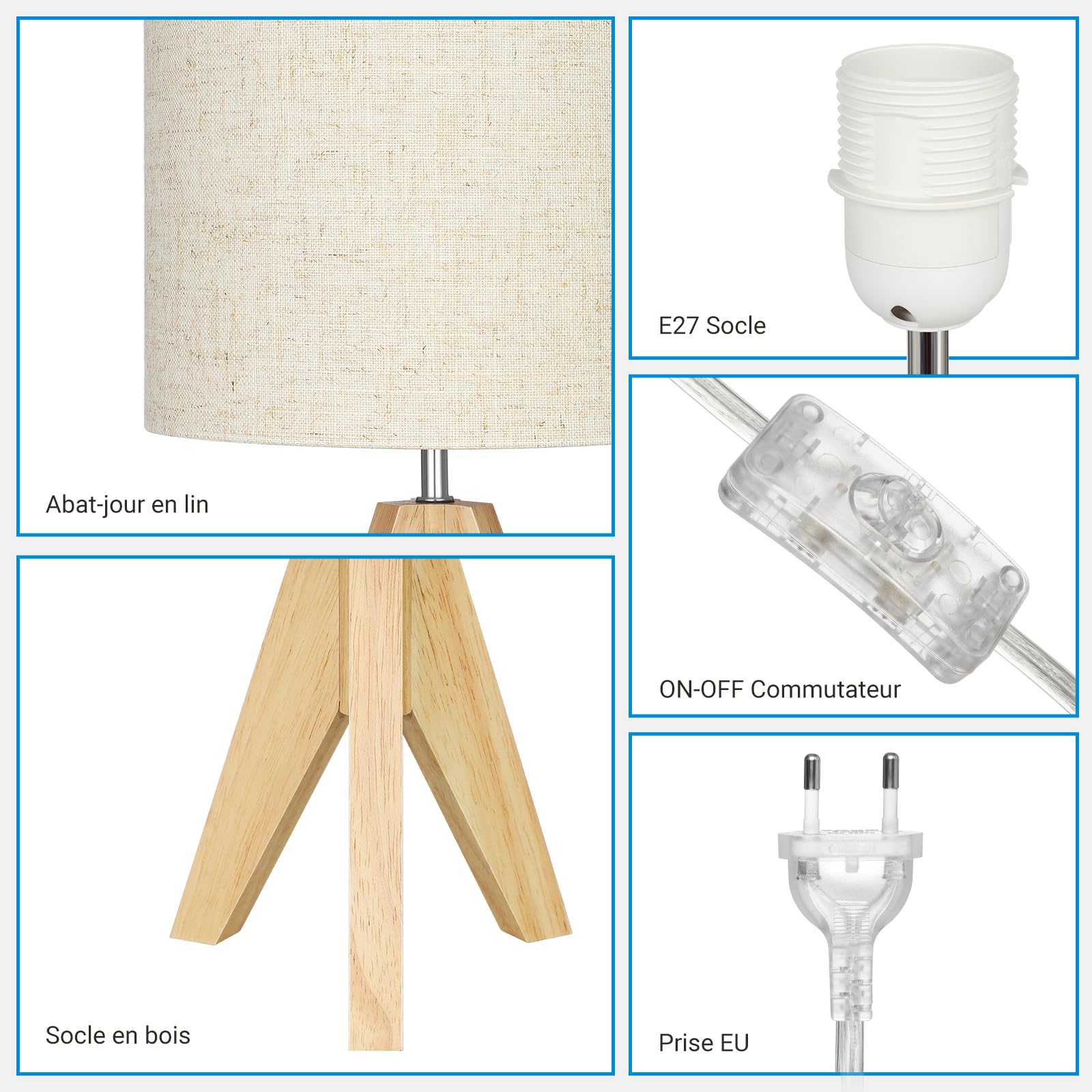EDISHINE Lampe de Chevet Lot de 2, E27 Douille, Trépied Vintage, Ampoule Incluse, 36 x 20 x 20 cm, Lampe de Table en Bois pour Chambre à Coucher, Salon, Hôtel, Abat-jour en Lin Beige