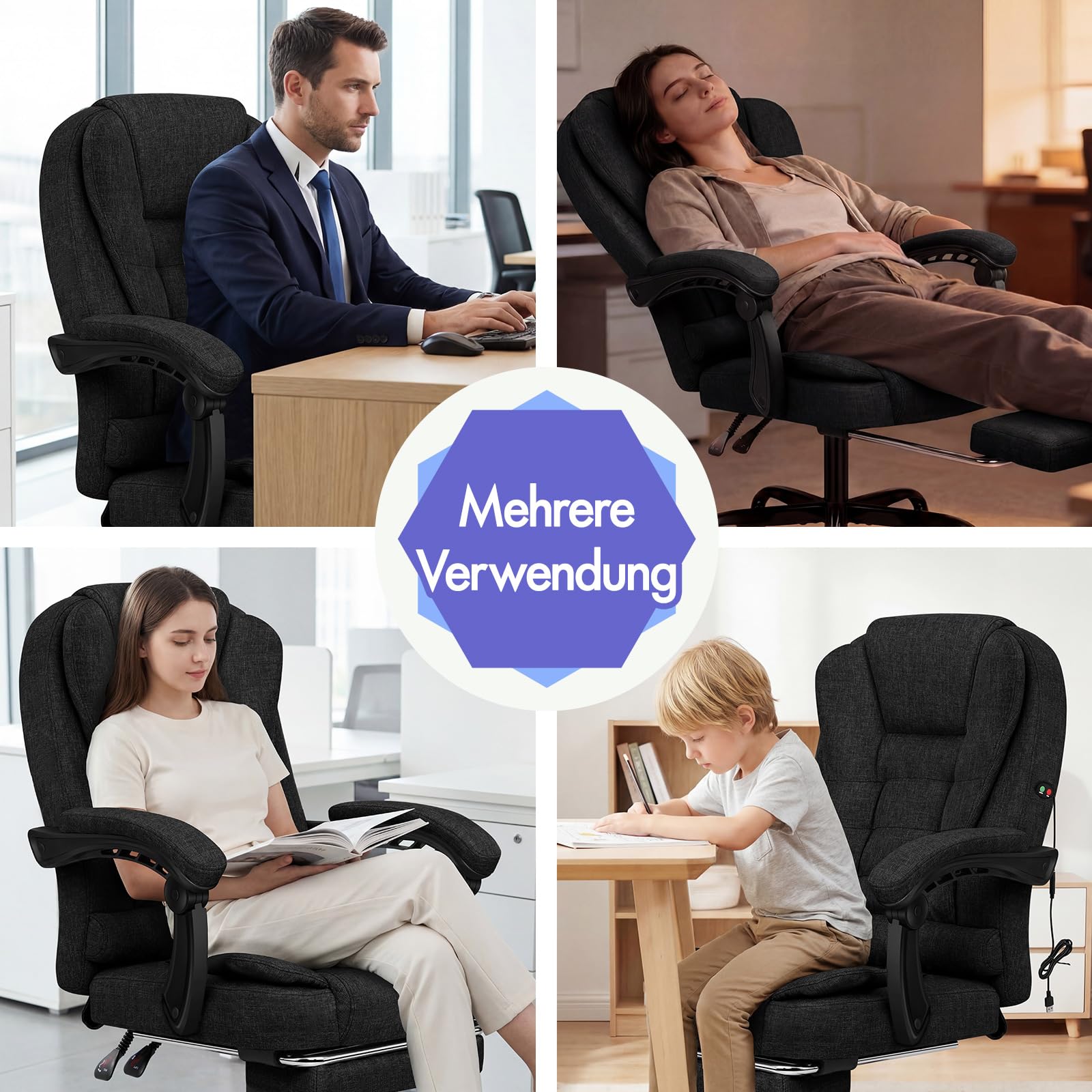 ALFORDSON Bürostuhl Chefsessel Massage Ausziehbare Fußstütze, höhenverstellbarer Schreibtischstuhl 150°-Neigung, ergonomischer Drehstuhl, Computerdrehstuhl,belastbar 180 kg, Leinen, Schwarz