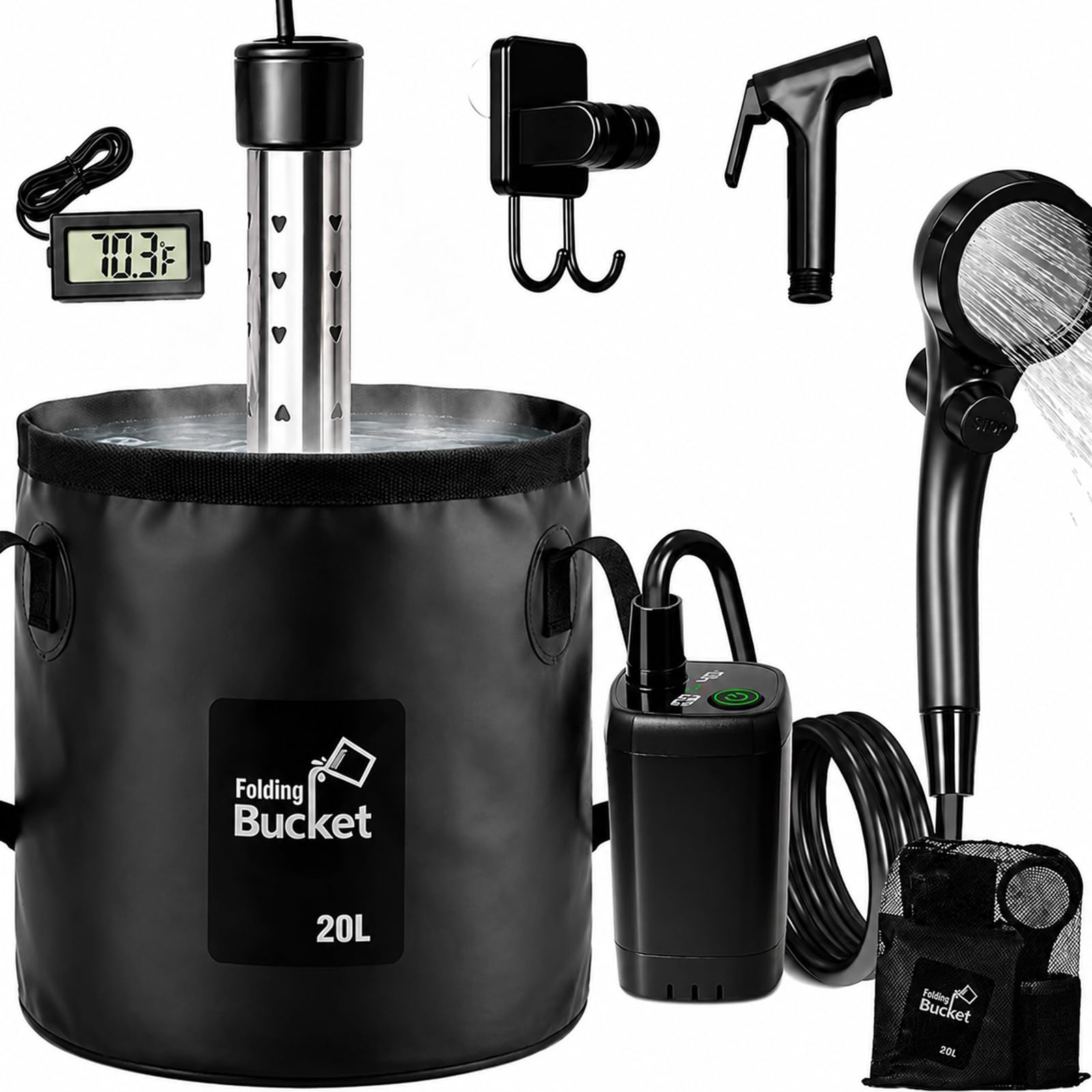 Ducha de camping recargable con calentador, calentador de agua de 2000 W, bomba de ducha de 6000 mAh con pantalla LED, cubo plegable para exteriores