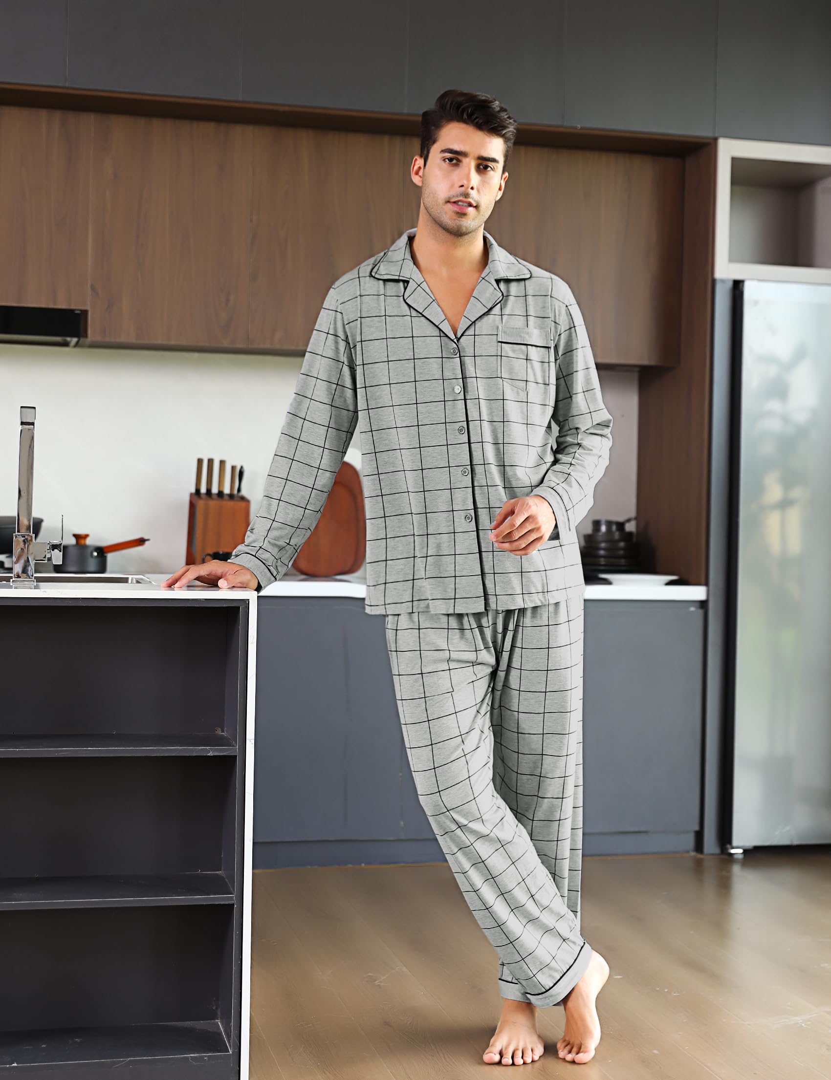 iClosam Pyjama Homme Hiver Coton 2 Pièces Pyjama Long Chaud à Carreaux Ensemble de Pyjamas avec Bouton à Manches Longues Vêtements de Nuit à Rayé S-XXL