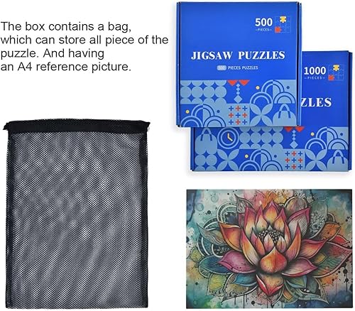 Miniatura 7 de Rompecabezas de madera de 1000 piezas con estampado de mandala de loto, zzcon bolsa de almacenamiento con partición del alfabeto, fácil de resolver