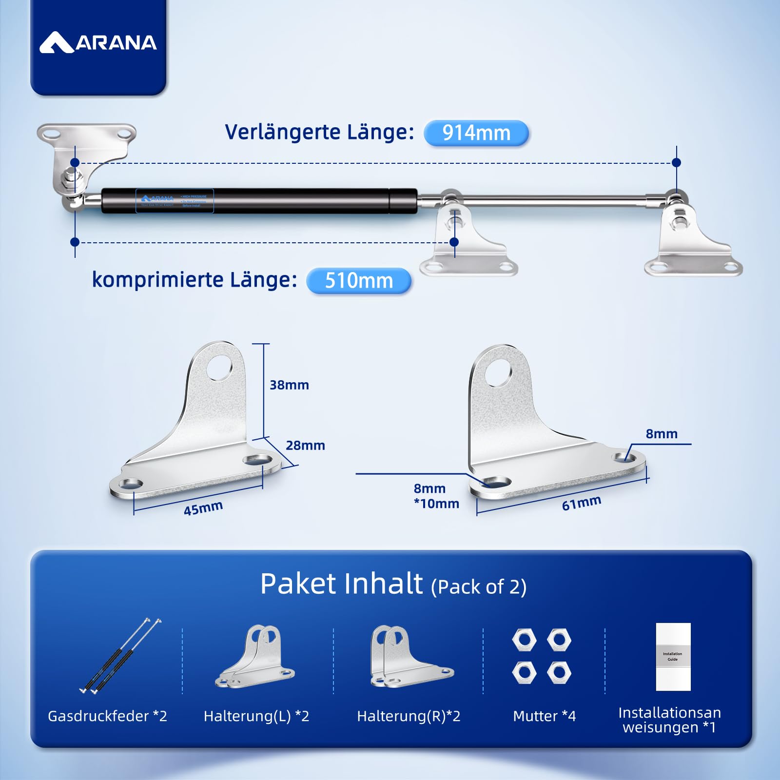 ARANA 762MM 156N 16KG Molle a gas pressurizzate, 76cm Ammortizzatore a pressione di gas Molla a gas Supporto Idraulico per Armadio Porta Botola Soffitta Roulotte Sportelli Mobili e Applicazioni