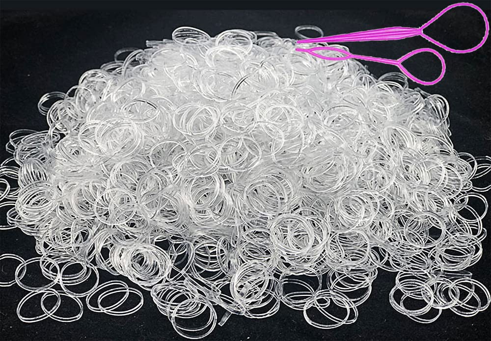 SAOYOAS 2000 PCS Clear Elastic Mini Ponytail Rubbers Ties, Soft Non-Slip Small Hair Accessories for Girls, with 2 PCS Topsy Tail Tools