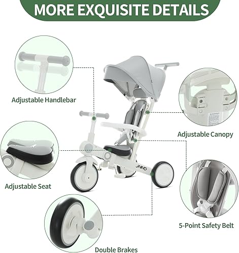 Miniatura 5 de JMMD Triciclo plegable para bebé, blanco y gris, toldo ajustable, cochecito para niños con características de seguridad