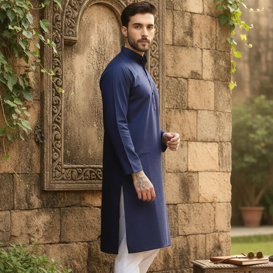 Image of Men's Cotton Blend Blend Knee Length Solid Color Style Stright Long Mandrin Collor Ethnic Casual Wear Kurta Only