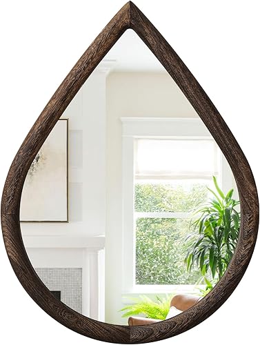 Espejos de marco de madera para pared, espejos colgantes rústicos retro en forma de gota, espejo de pared irregular para baño, dormitorio, 16 x 20