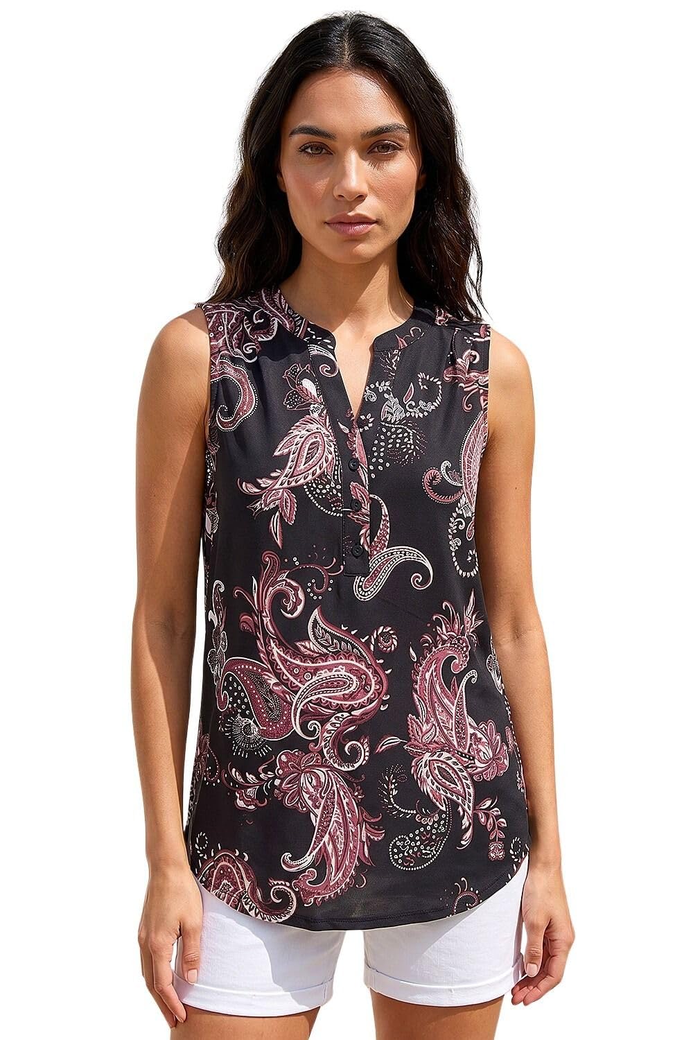 Roman Women's Black Paisley Puff Print Vest Top In | Size: 18