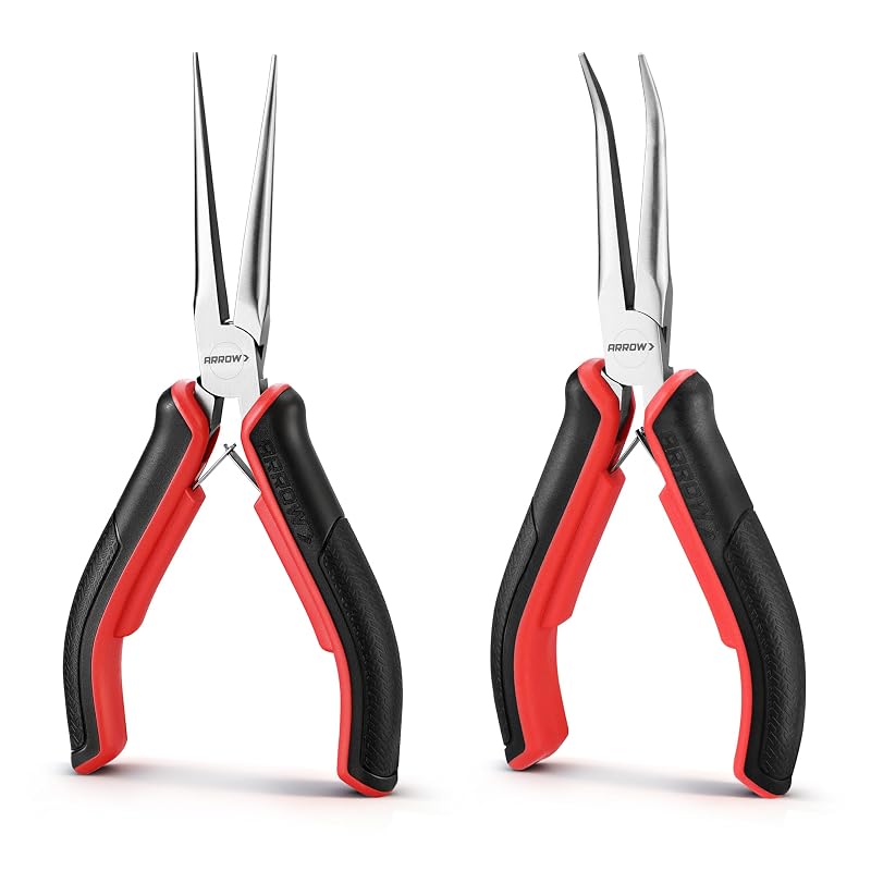 Kit com 2 Alicates de Bico Longo 15,2 cm Arrow Fastener, Reto e Curvo a 45° com Cabo TPR