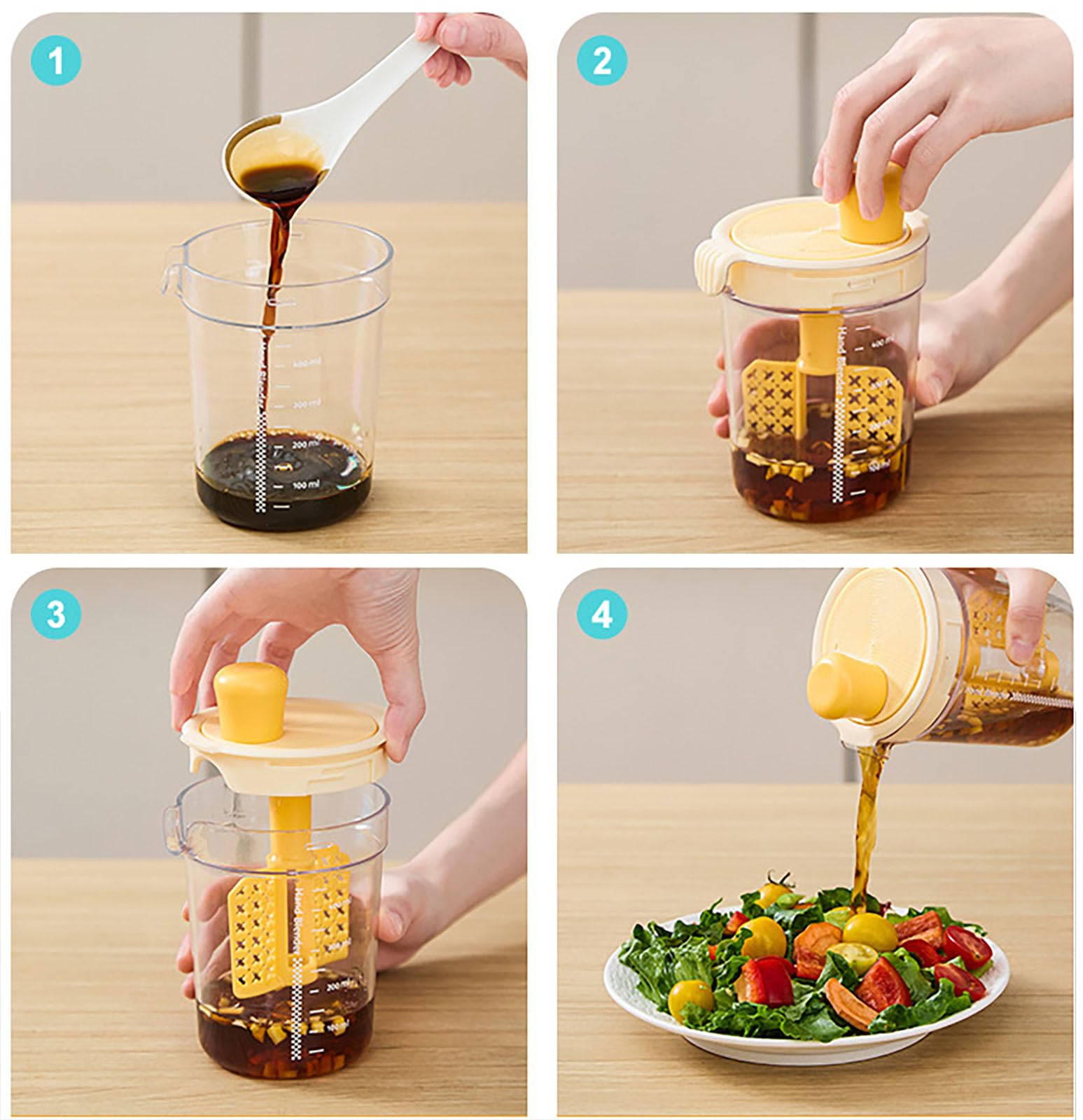 halteoly Salad Dressing Shaker Bottle, Salad Dressing Mixer Cup, Egg Liquid Mixing Cup, Manual Mixing Tool for kitchen,vinaigrette dressing bottle (Yellow)