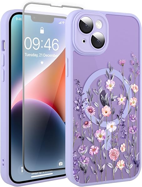 Magnetic for iPhone 14 Plus Case with Screen Protector [Compatible with MagSafe] Pretty Flower Floral Pattern Design, Shockproof Slim Cover for Women Girls, Purple