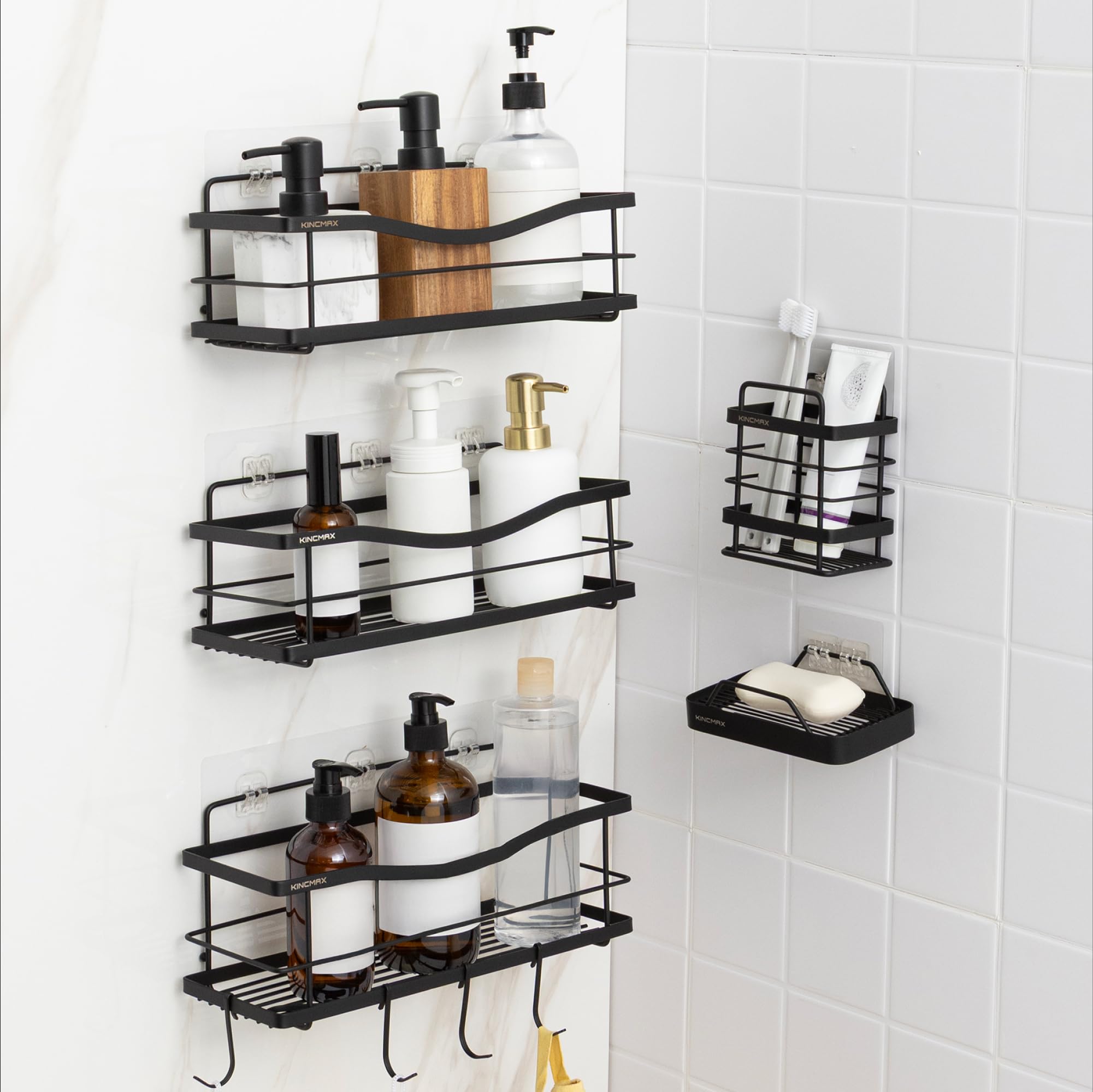 KINCMAX Set of 5 Shower Caddies Tootbrush Holder Soap Holder Premium Stainless Steel Material Wavy Black