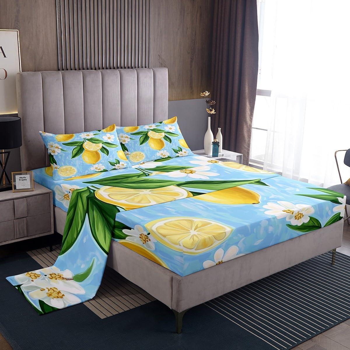 Feelyou Lemon Bed Sheets Girls Cute Floral Sheet Set for Women Teens Room Yellow Lemon Tropical Fruit Decor Bed Sheet Set Light Blue Bed Set 4Pcs Queen Size